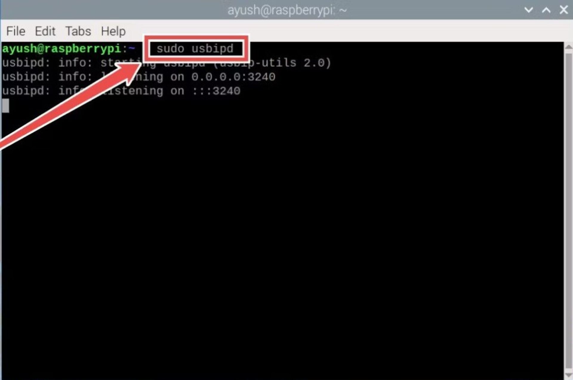 Command to run usbip server in Raspberry Pi operating system