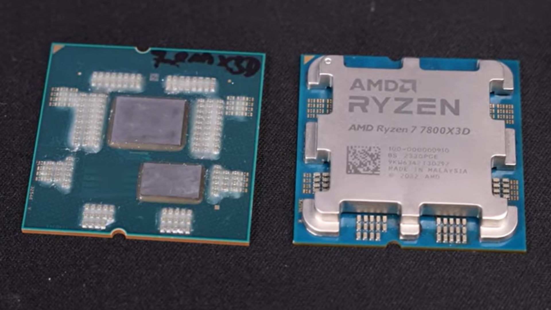 Fake AMD Ryzen 7 7800x3d processor next to the original model