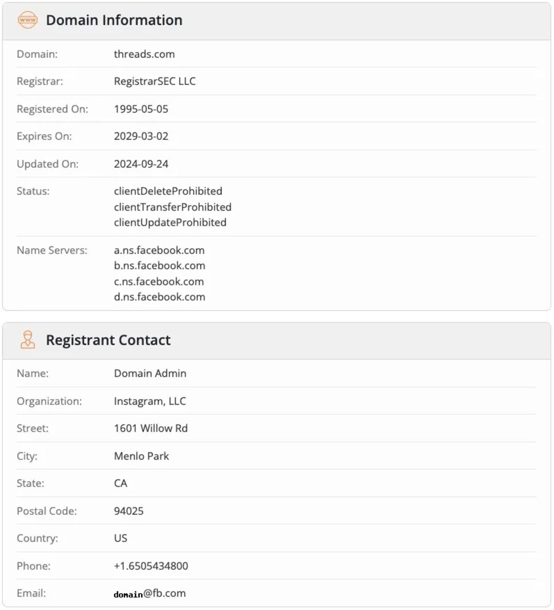 Two tables with information about domain ownership