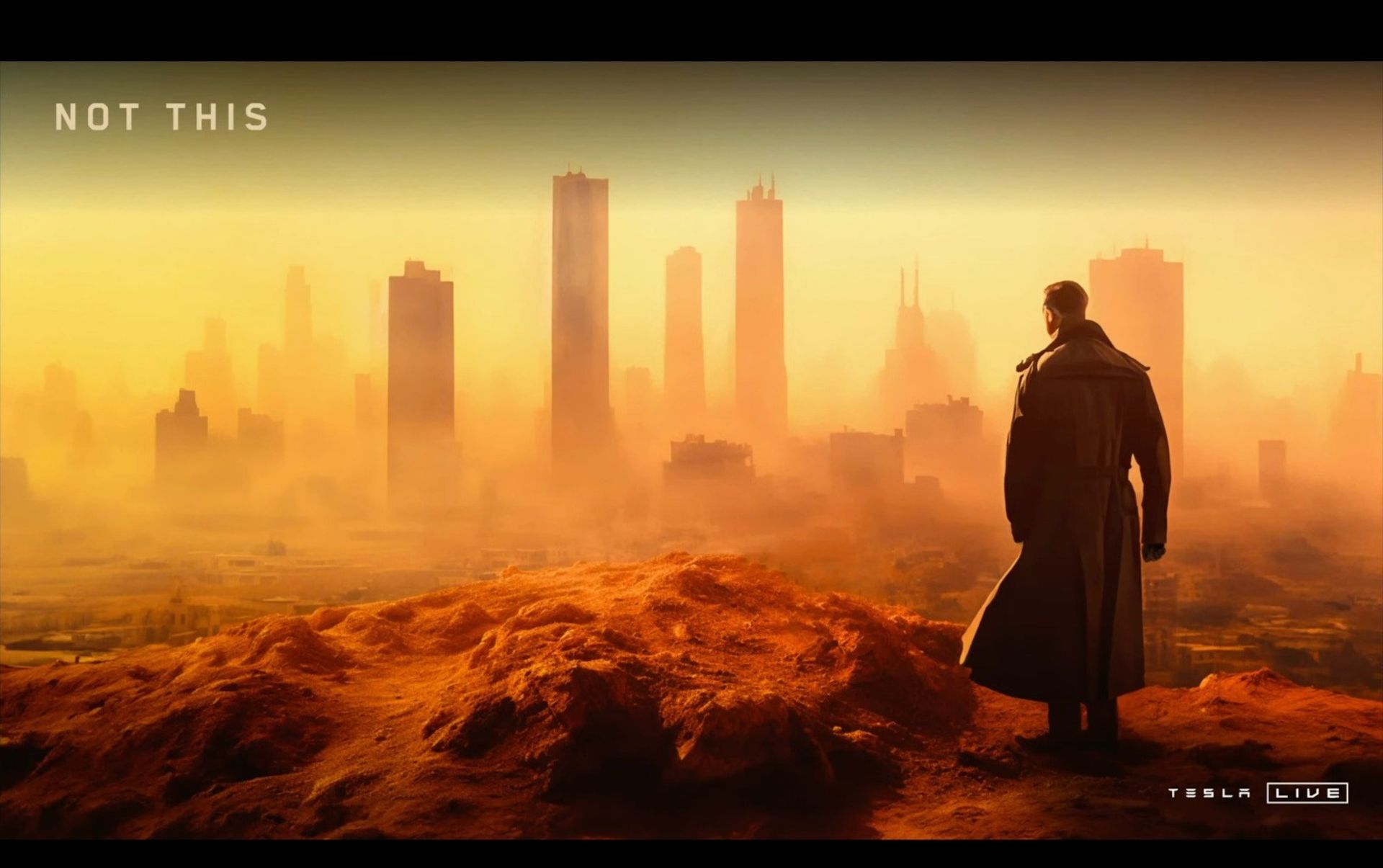 A man standing on a dirt hill looking at the city towers in the distance