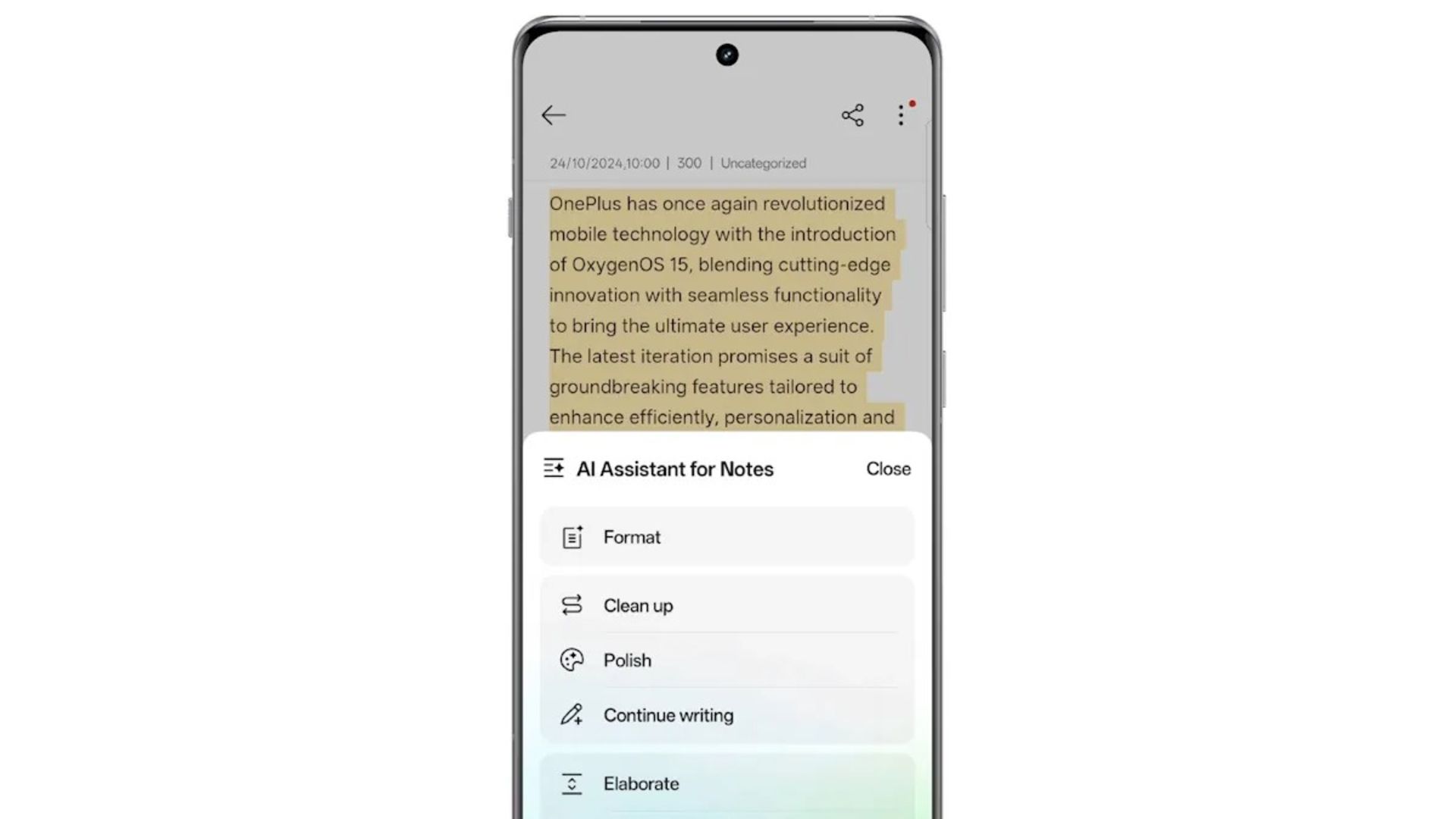 Screenshot of OnePlus phone text editing feature in oxygen os 15