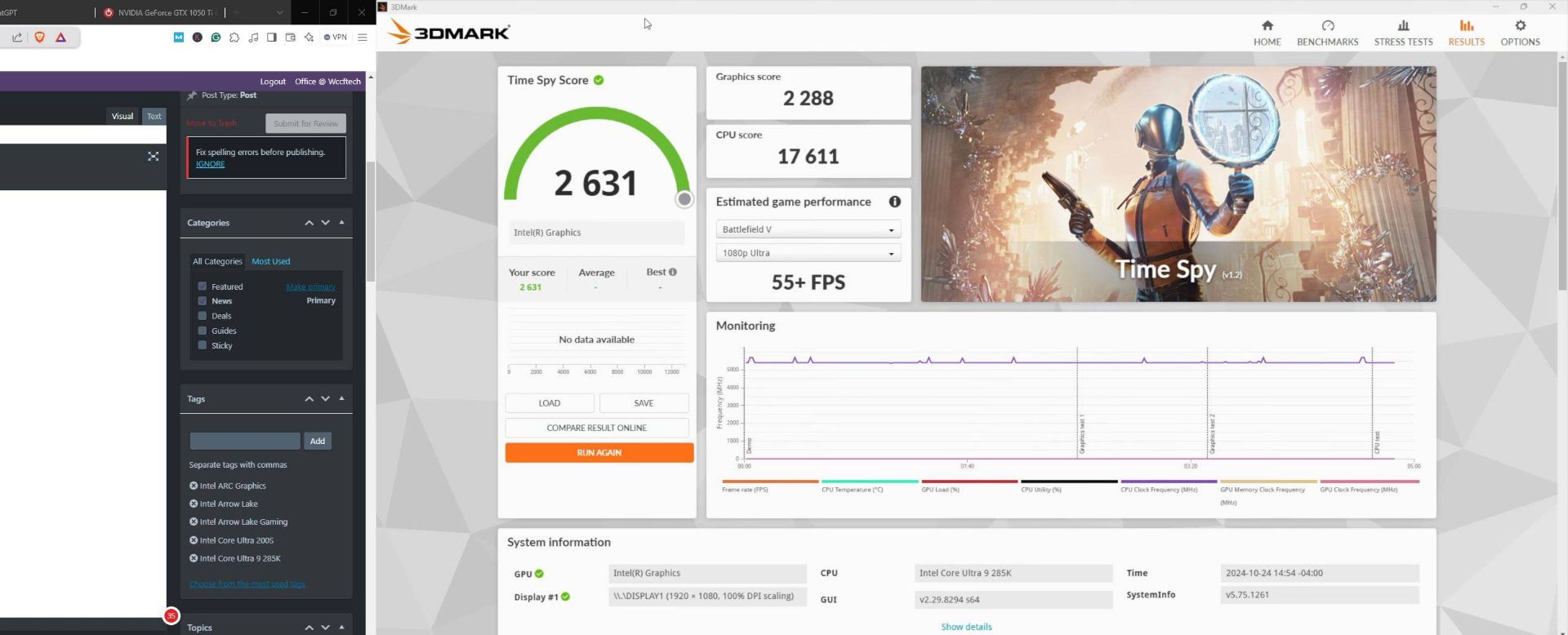 3dMark test of Intel Core Ultra 9 285K processor