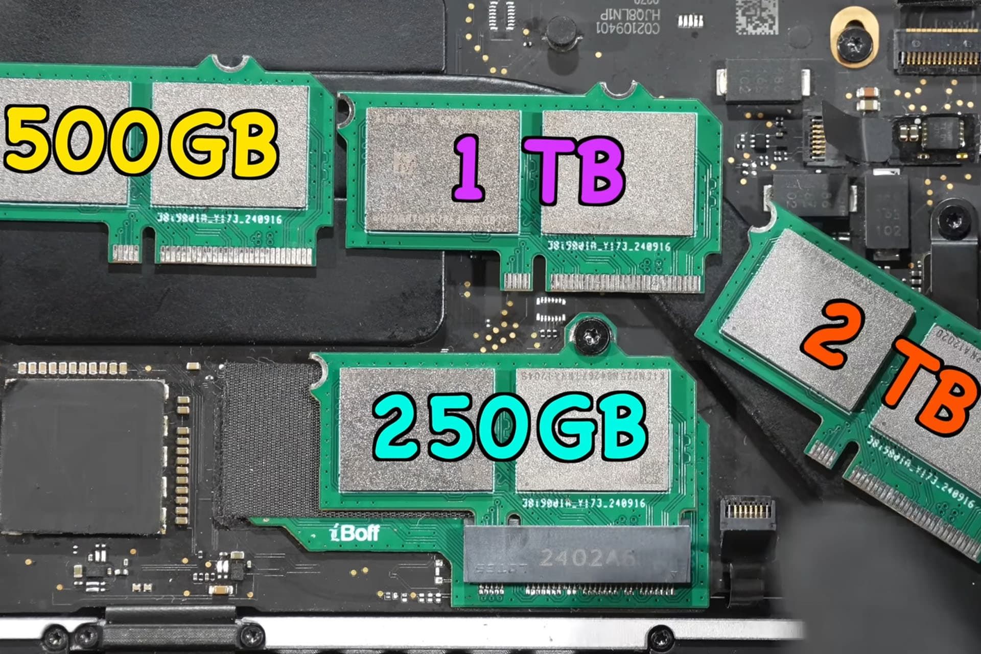 SSD modules on the logic board of the MacBook 