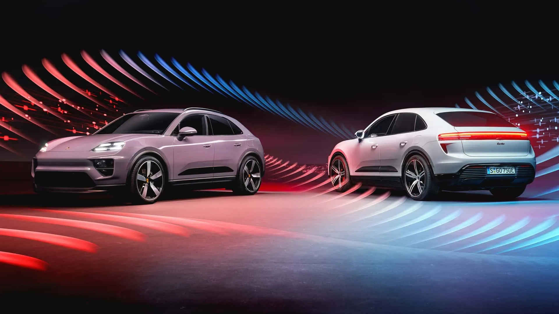 Front and rear view of 2025 Porsche Macan electric car