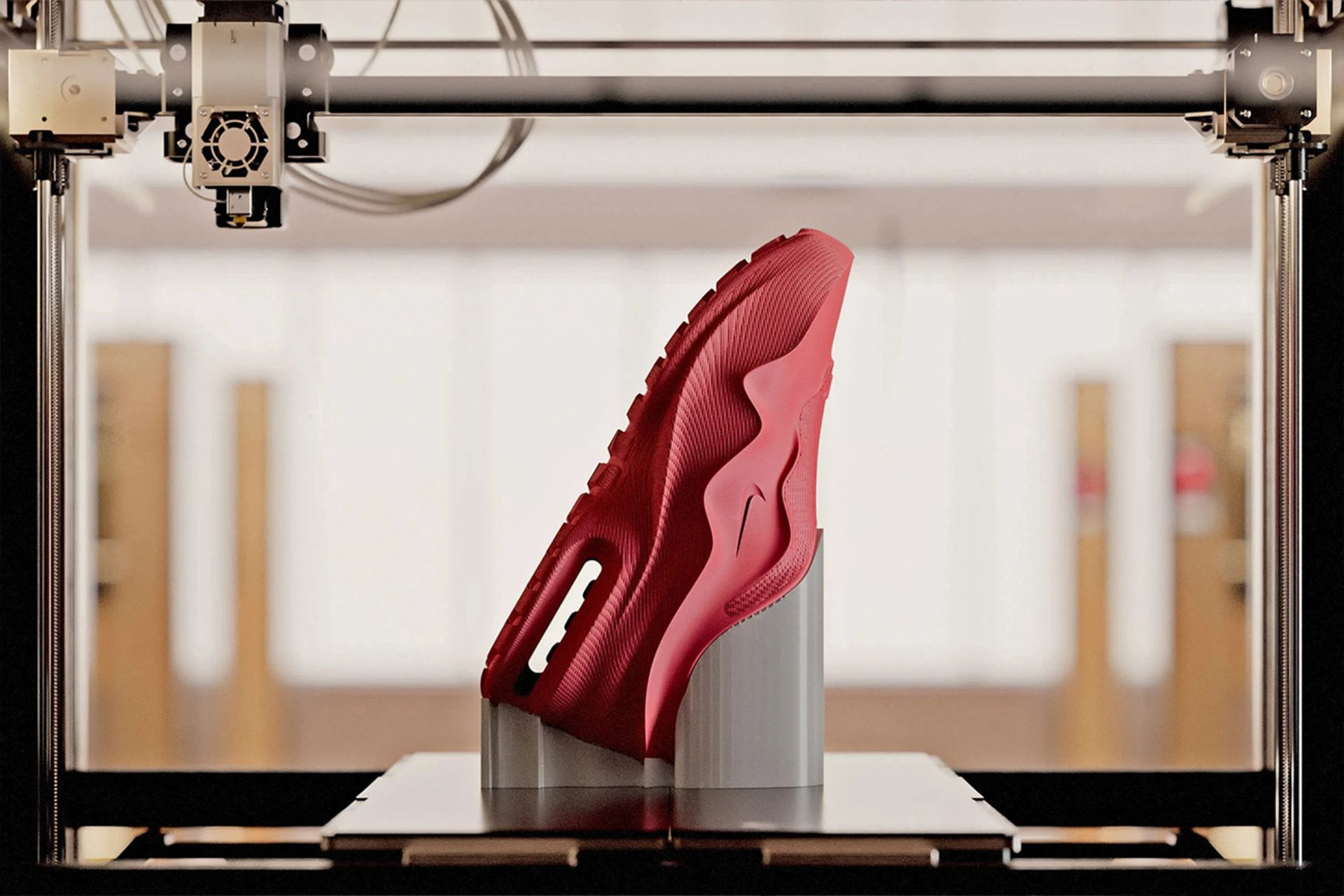 A red shoe facing upwards from the side view