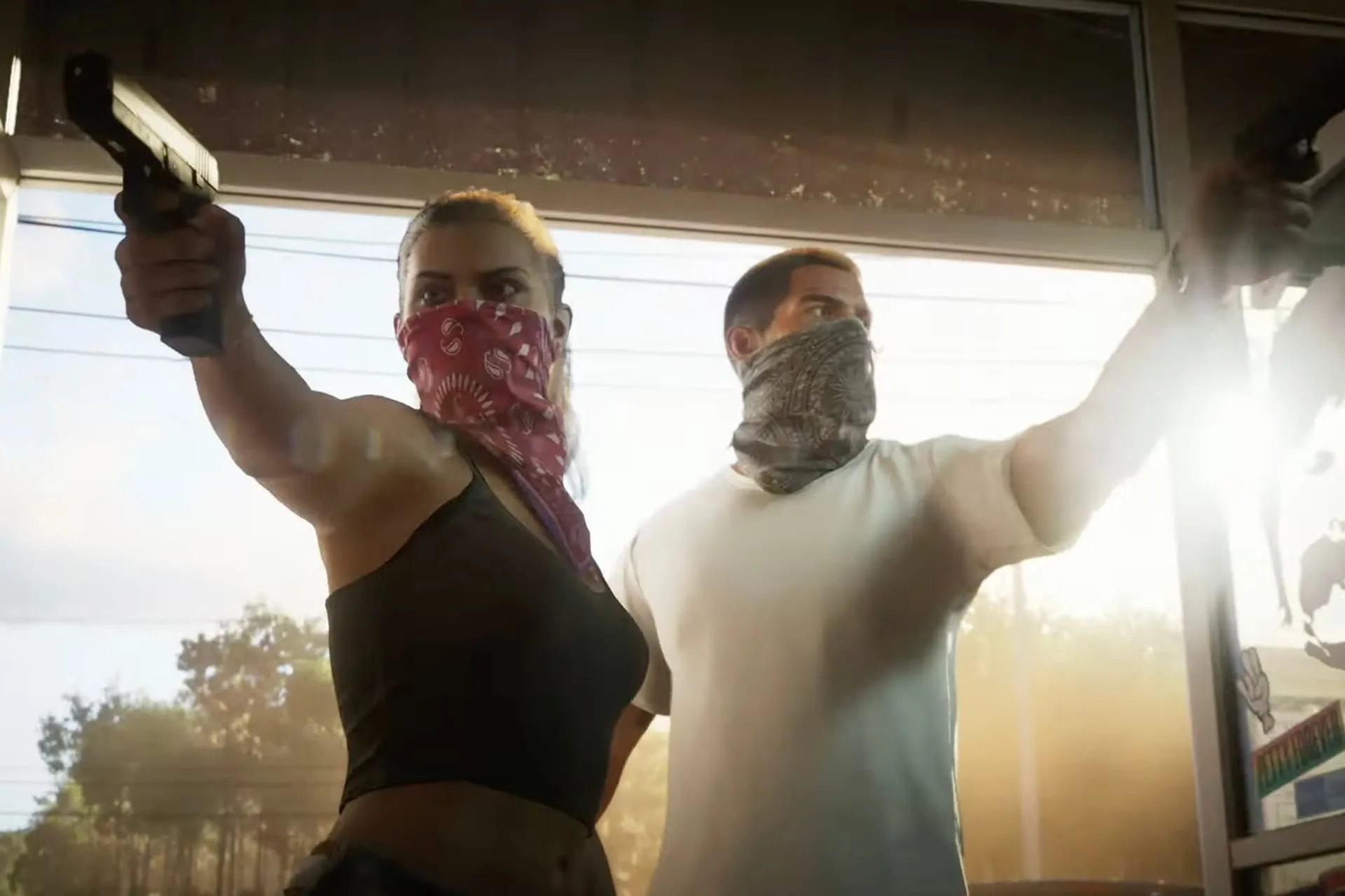 A man and a woman in the game GTA 6 / GTA VI with a gun